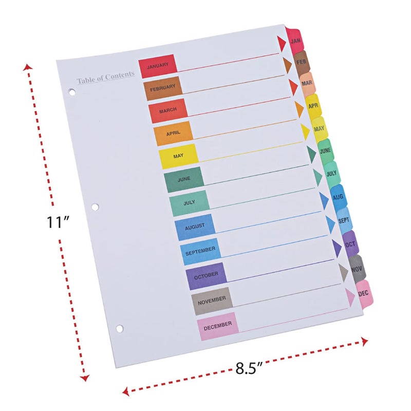 Manaloom Jan-Dec Monthly Table of Contents Index Binder Dividers, 12-Tab, Monthly, Multi-Color, 3 Hole Punched, Compatible with Laser and Inkjet Printers - 3 Sets - Image 2